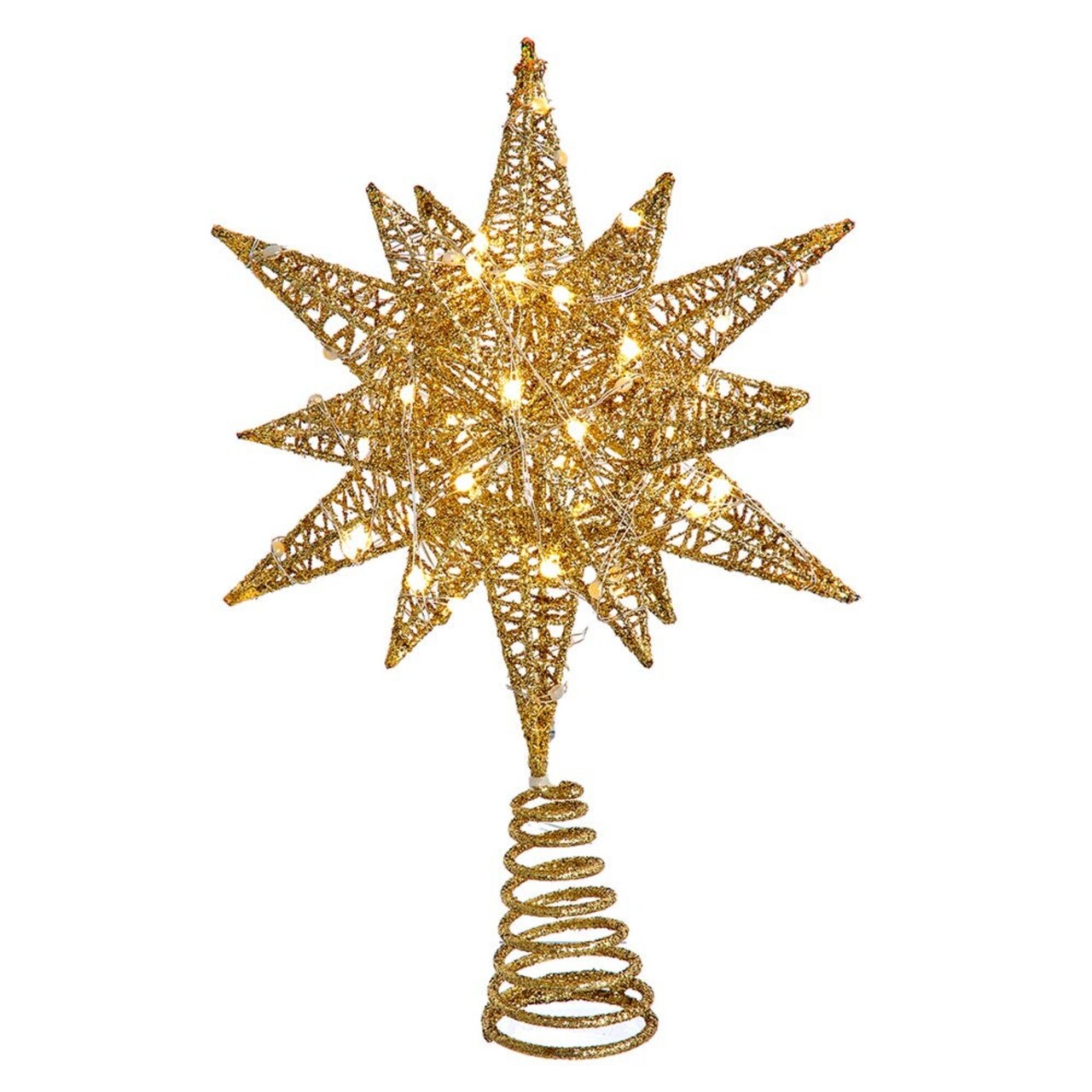KSA 11" LED Lighted Gold Starburst Twinkling Christmas Tree Topper, Warm White Lights